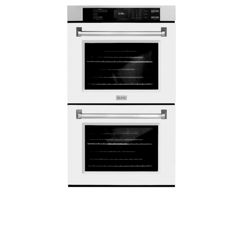 ZLINE 30 in. Professional True Convection Double Wall Oven with Air Fry and Self Clean in DuraSnow® Stainless Steel with White Matte Doors (WADS-WM-30) front, closed.