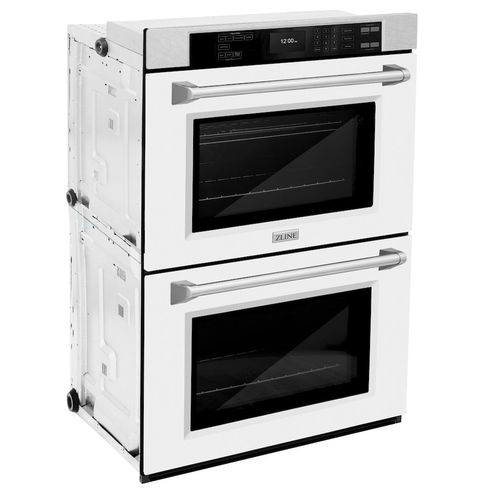 ZLINE 30 in. Professional True Convection Double Wall Oven with Air Fry and Self Clean in DuraSnow® Stainless Steel with White Matte Doors (WADS-WM-30) side, oven closed.