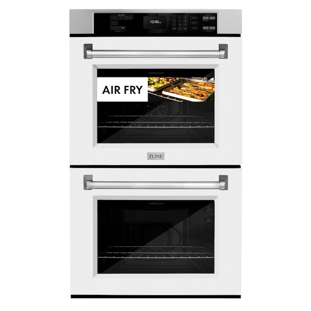 ZLINE 30 in. Professional True Convection Double Wall Oven with Air Fry and Self Clean in Stainless Steel with White Matte Doors (WAD-WM-30) front, oven closed with food inside. Text: "Air Fry"