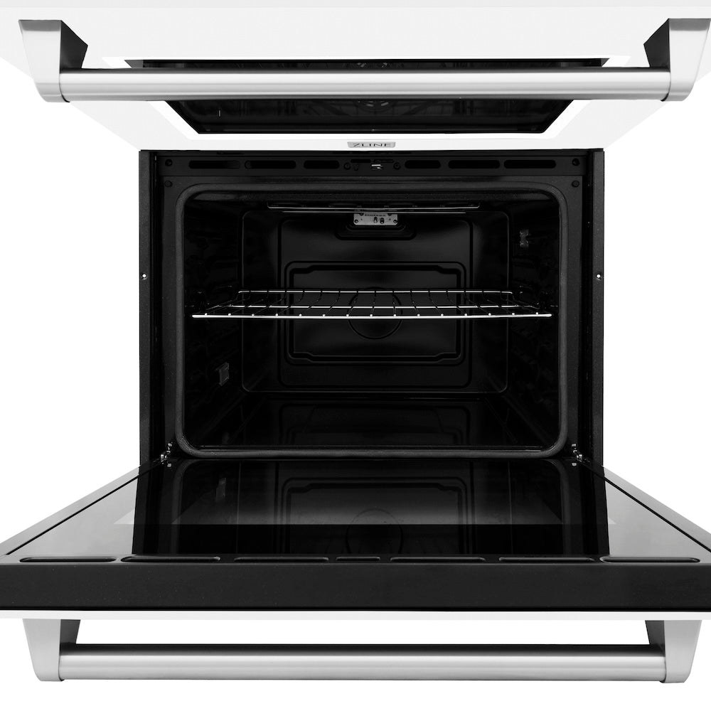 ZLINE 30 in. Professional True Convection Double Wall Oven with Air Fry and Self Clean in Stainless Steel with White Matte Doors (WAD-WM-30) front, oven open close-up.