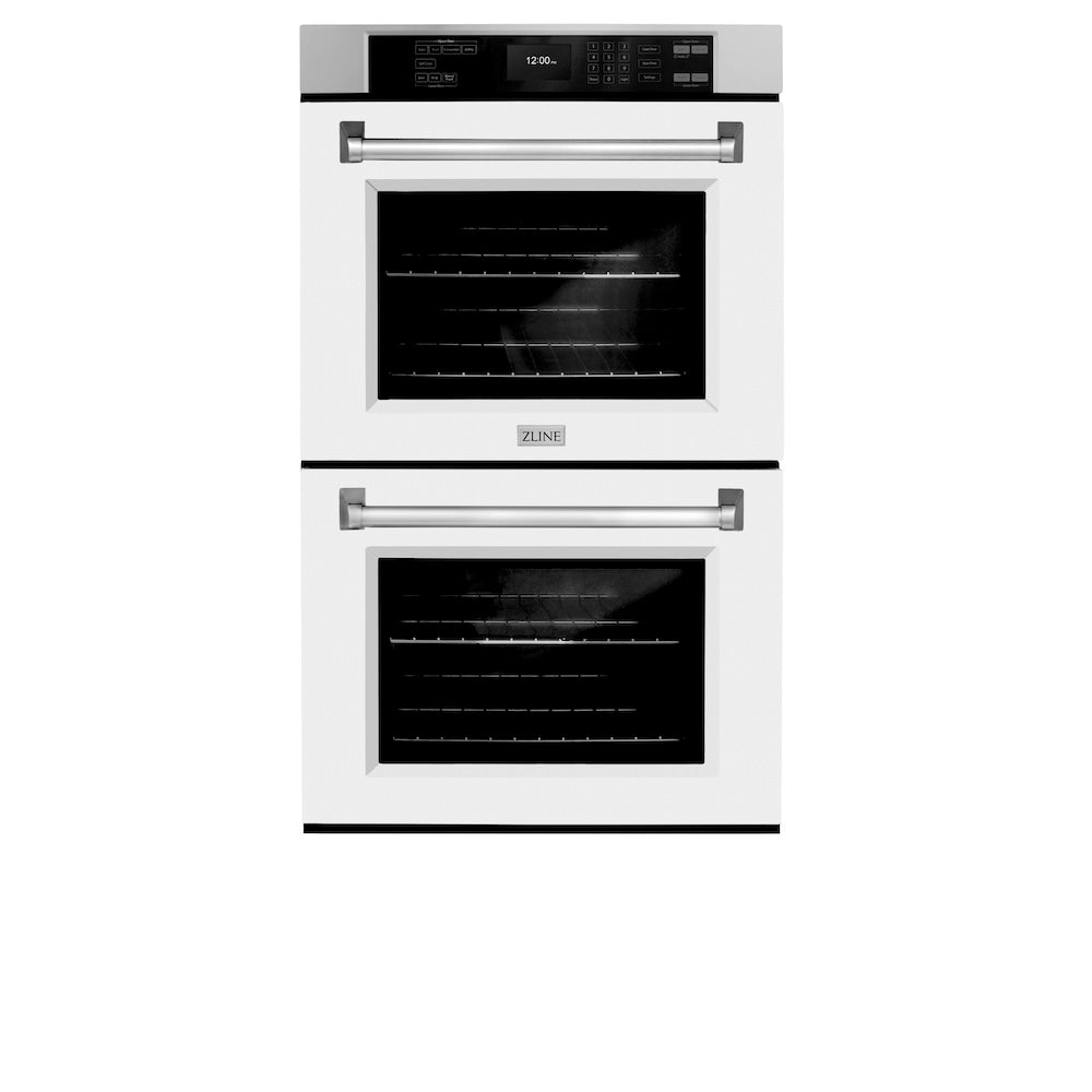 ZLINE 30 in. Professional True Convection Double Wall Oven with Air Fry and Self Clean in Stainless Steel with White Matte Doors (WAD-WM-30) front, closed.