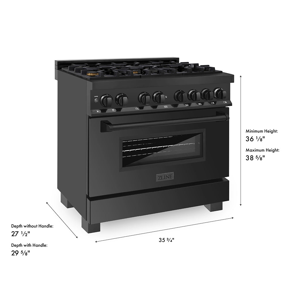 ZLINE 36 in. 4.6 cu. ft. Legacy Dual Fuel Range with Gas Cooktop and Electric Convection Oven in Black Stainless Steel with 6 Brass Burners, Open Box-Good Condition dimensional diagram.