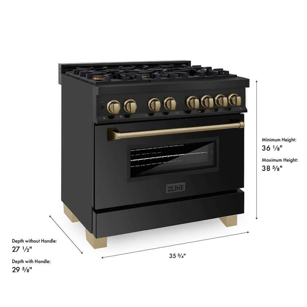 ZLINE Autograph Edition 36 in. 4.6 cu. ft. Legacy Dual Fuel Range with 6 Burner Gas Cooktop and Electric Convection Oven in Black Stainless Steel and Champagne Bronze Accents, Open Box-Good Condition dimensional diagram.