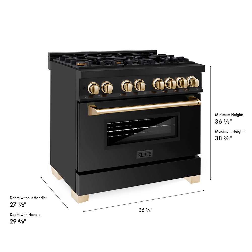 ZLINE Autograph Edition 36 in. 4.6 cu. ft. Legacy Dual Fuel Range with 6 Burner Gas Cooktop and Electric Convection Oven in Black Stainless Steel and Polished Gold Accents (RABZ-36-G)