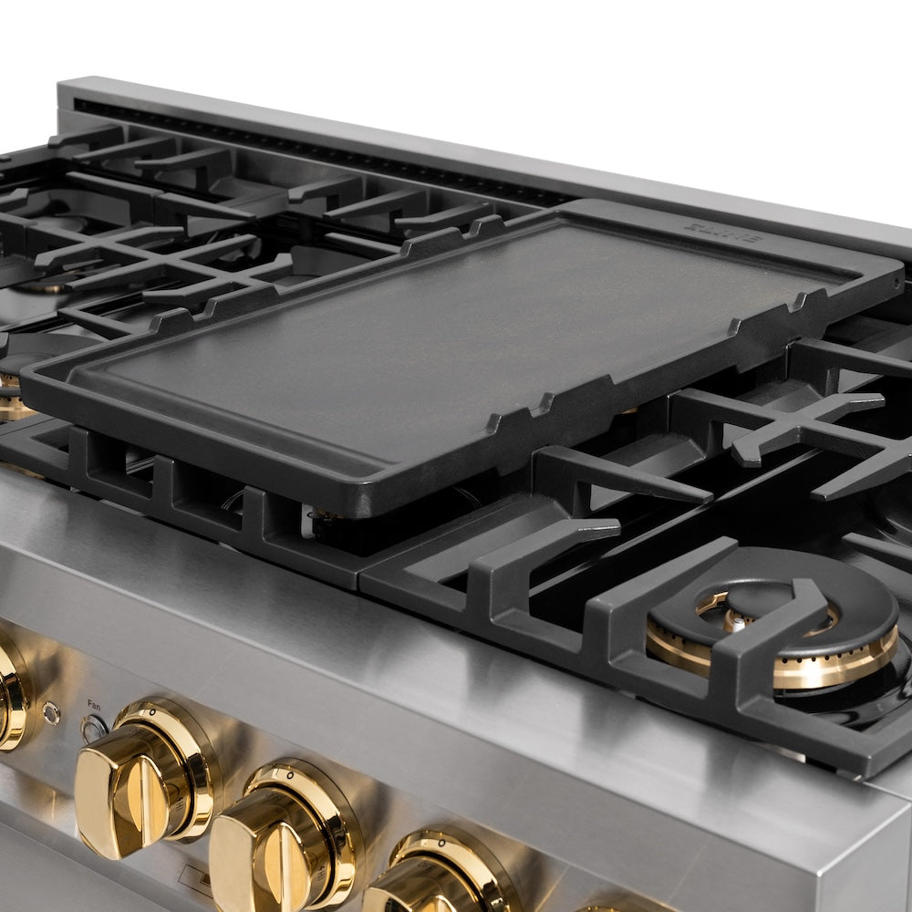 ZLINE Reversible Enameled Cast Iron Range Griddle (SR-GRNS) on a luxury range.