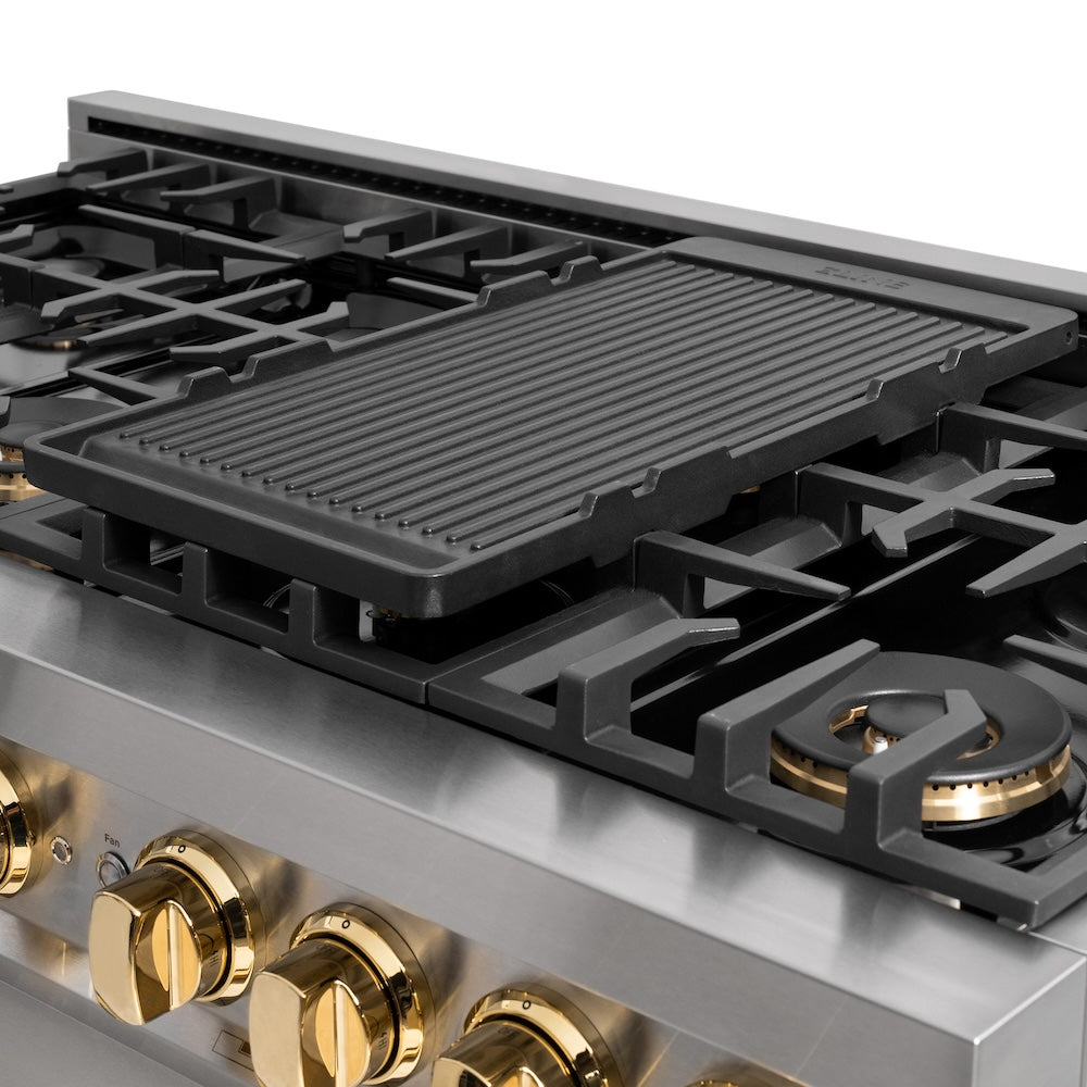 ZLINE Reversible Enameled Cast Iron Range Griddle (SR-GRNS) on a luxury range.