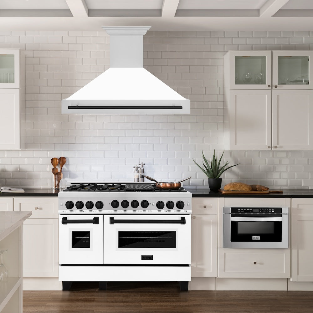 ZLINE Autograph Edition 48 in. Kitchen Package with Stainless Steel Dual Fuel Range with White Matte Door and Range Hood with Matte Black Accents (2AKP-RAWMRH48-MB)