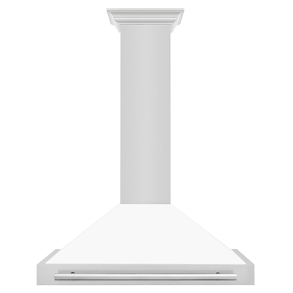 ZLINE 36 in. Stainless Steel Range Hood with Stainless Steel Handle and White Matte shell front.