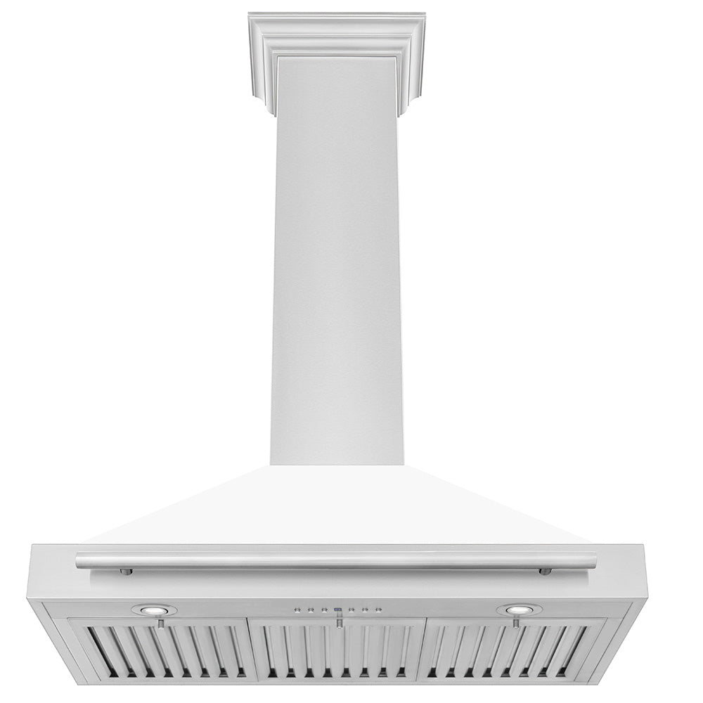 ZLINE 36 in. Stainless Steel Range Hood with Stainless Steel Handle and White Matte shell under.