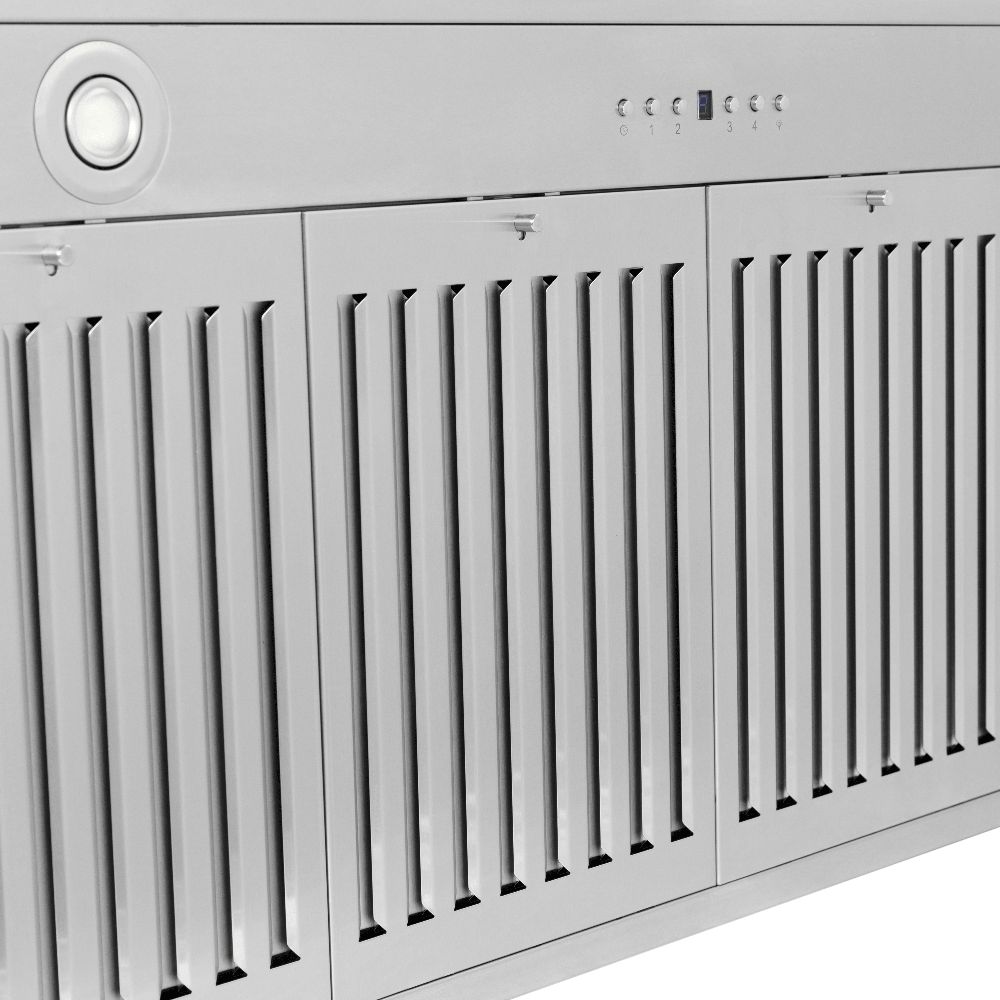 ZLINE Autograph Edition 36 in. Stainless Steel Range Hood with White Matte Shell and Accents (KB4STZ-WM36) close-up, dishwasher-safe baffle filters, LED lighting, and button controls.