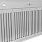 ZLINE Autograph Edition 36 in. Stainless Steel Range Hood with White Matte Shell and Accents (KB4STZ-WM36) close-up, dishwasher-safe baffle filters, LED lighting, and button controls.