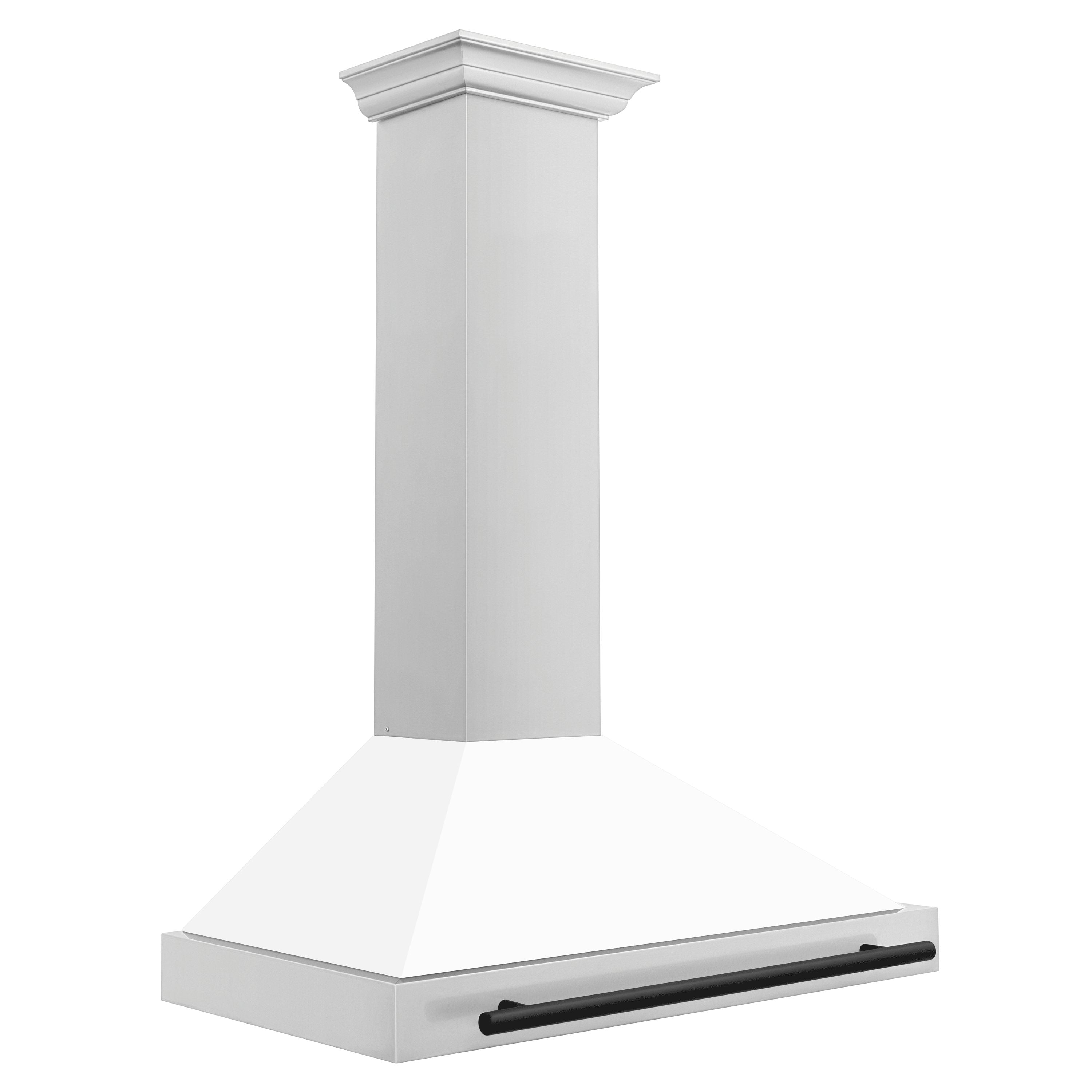 ZLINE 36 in. Autograph Edition Stainless Steel Range Hood with White Matte Shell and Matte Black Accents (KB4STZ-WM36) features crown molding.