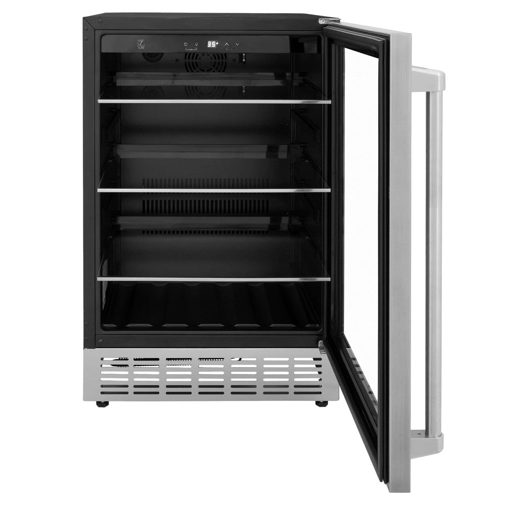 ZLINE 24 in. Monument 154 Can Beverage Fridge in Stainless Steel (RBV-US-24) front, open.