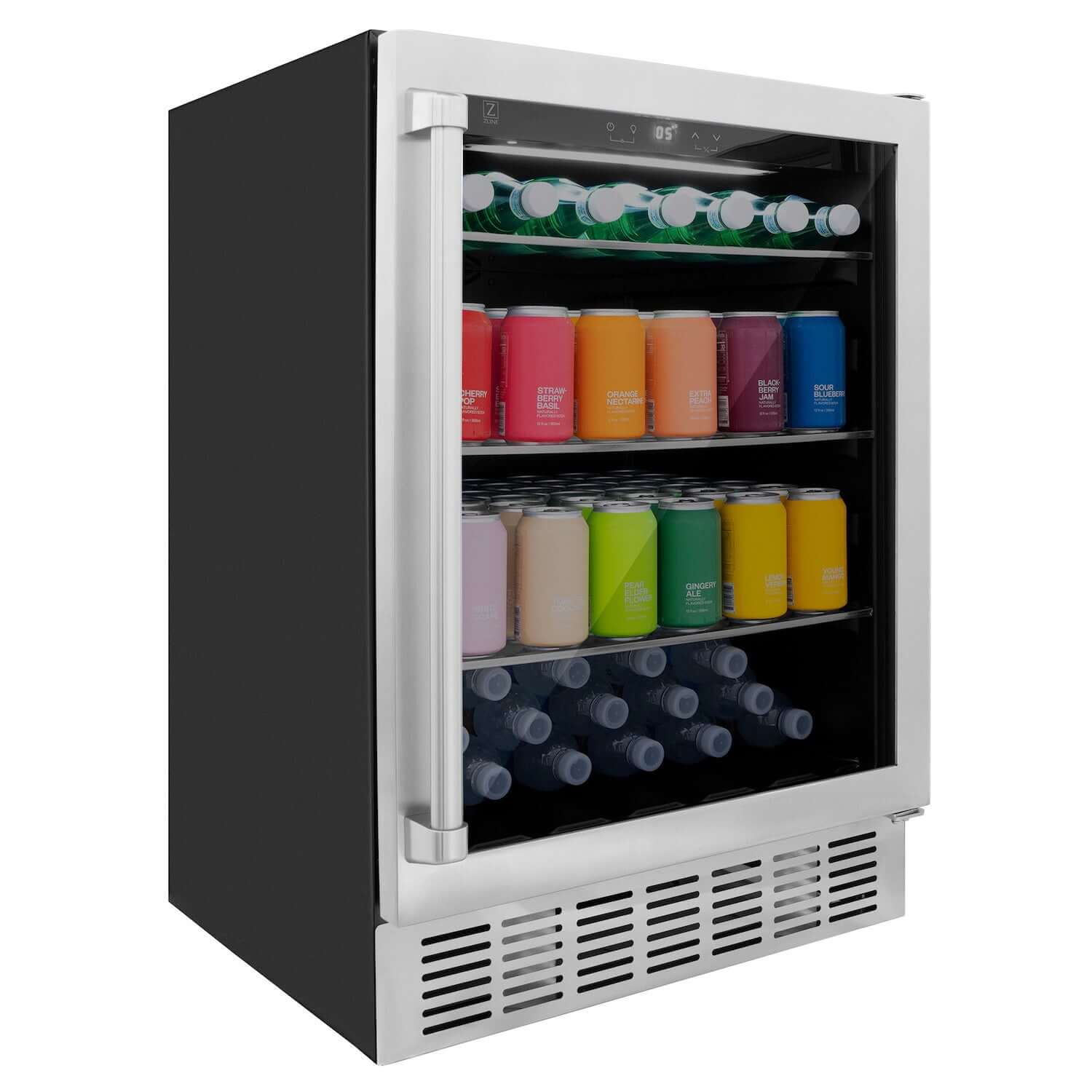 ZLINE beverage center with 3 levels of colorful drinks inside wide angle from side.