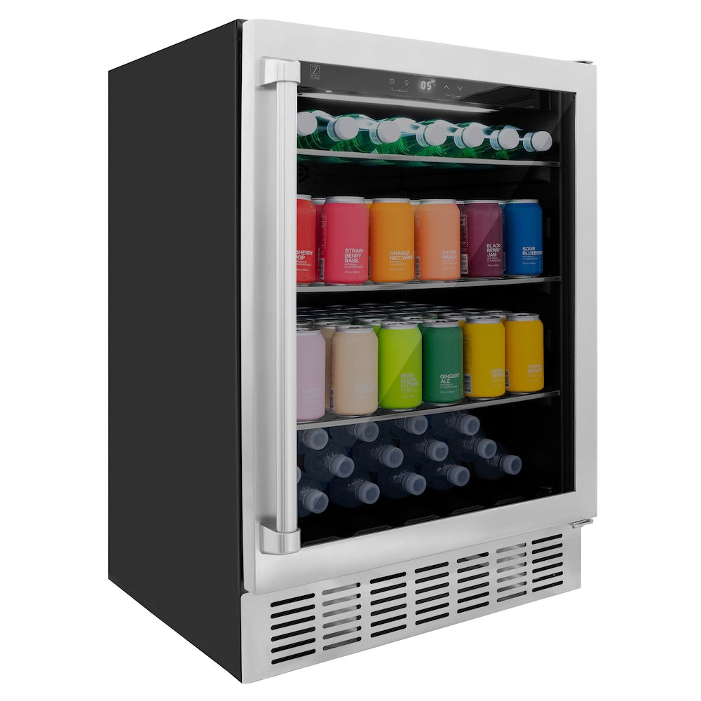 ZLINE 24 in. Monument 154 Can Beverage Fridge in Stainless Steel (RBV-US-24) side, with cans inside.