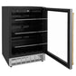 ZLINE Autograph Edition 24 in. Monument 154 Can Beverage Fridge in Stainless Steel with Polished Gold Accents (RBVZ-US-24-G) side, open with shelves extended.