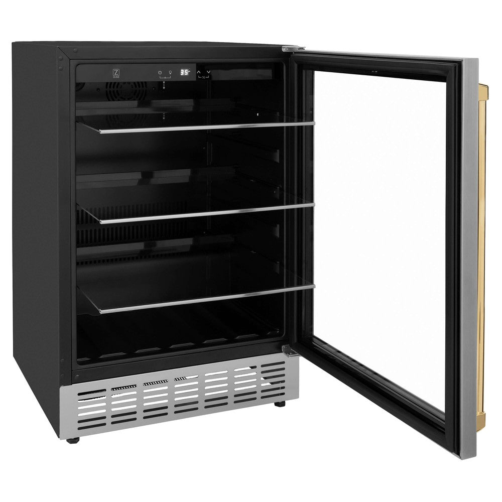 ZLINE Autograph Edition 24 in. Monument 154 Can Beverage Fridge in Stainless Steel with Polished Gold Accents (RBVZ-US-24-G) side, open with shelves extended.