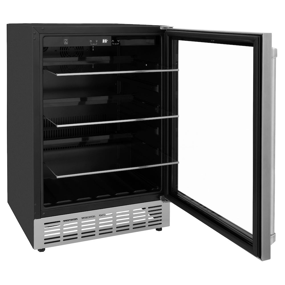 ZLINE 24 in. Monument 154 Can Beverage Fridge in Stainless Steel (RBV-US-24) side, open with shelves extended.