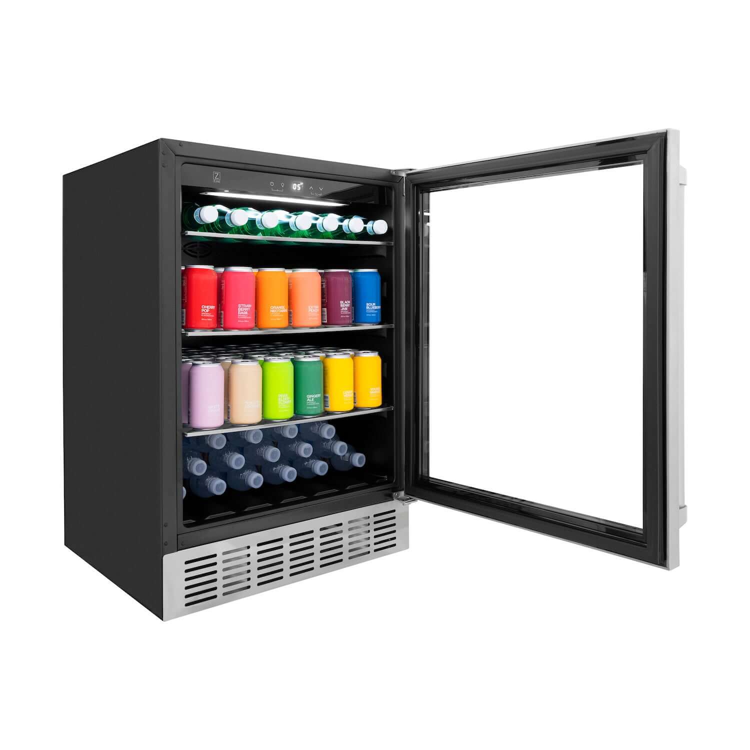 ZLINE beverage center with 3 levels of colorful drinks inside wide angle from side with door open.