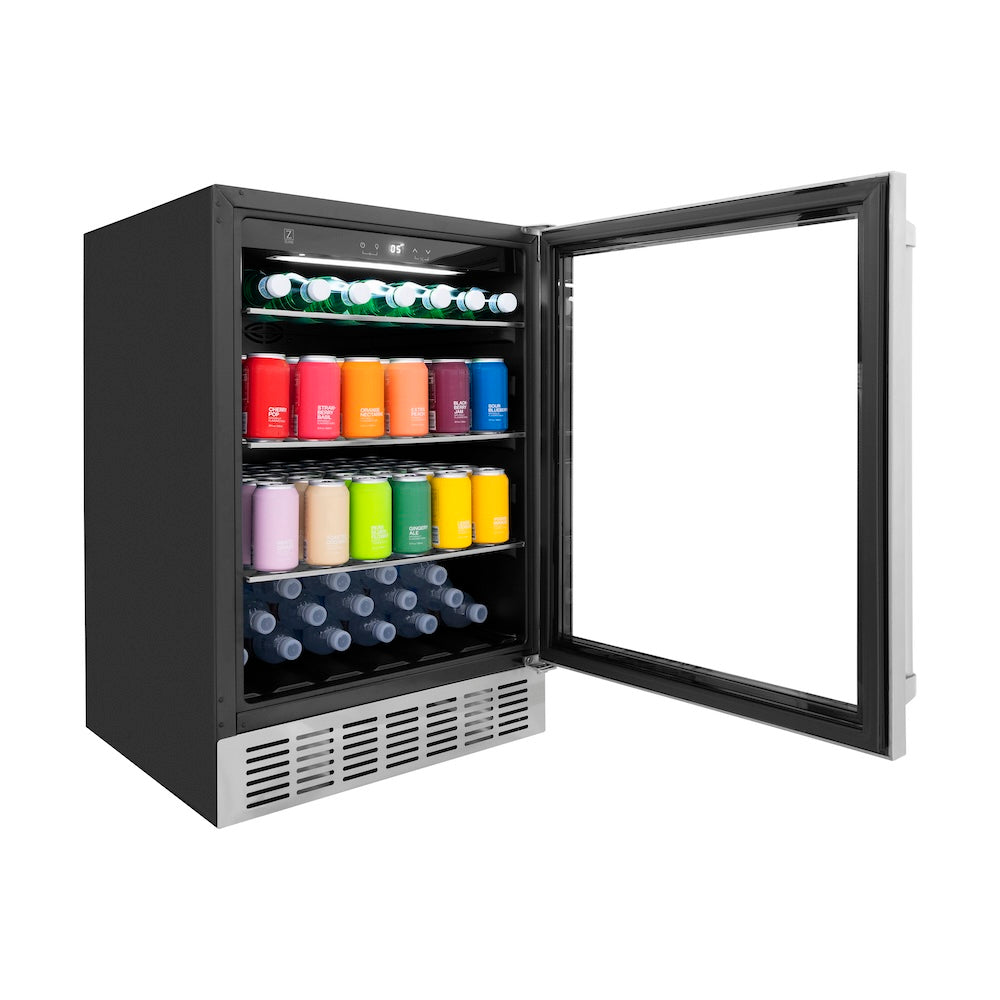 ZLINE 24 in. Monument 154 Can Beverage Fridge in Stainless Steel (RBV-US-24) side, open, with drinks.