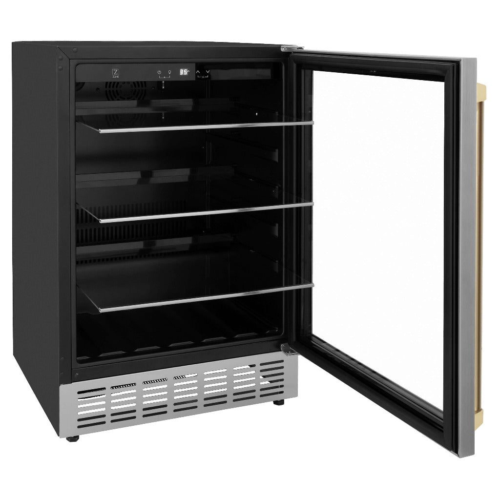 ZLINE Autograph Edition 24 in. Monument 154 Can Beverage Fridge in Stainless Steel with Champagne Bronze Accents (RBVZ-US-24-CB) side, open with shelves extended.