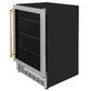ZLINE Autograph Edition 24 in. Monument 154 Can Beverage Fridge in Stainless Steel with Polished Gold Accents (RBVZ-US-24-G) side, closed.