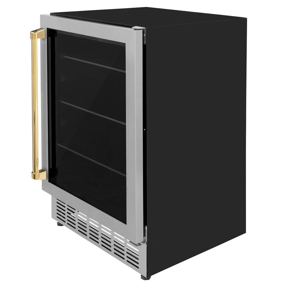 ZLINE Autograph Edition 24 in. Monument 154 Can Beverage Fridge in Stainless Steel with Polished Gold Accents (RBVZ-US-24-G) side, closed.