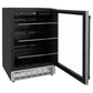 ZLINE Autograph Edition 24 in. Monument 154 Can Beverage Fridge in Stainless Steel with Matte Black Accents (RBVZ-US-24-MB) side, open with shelves extended.