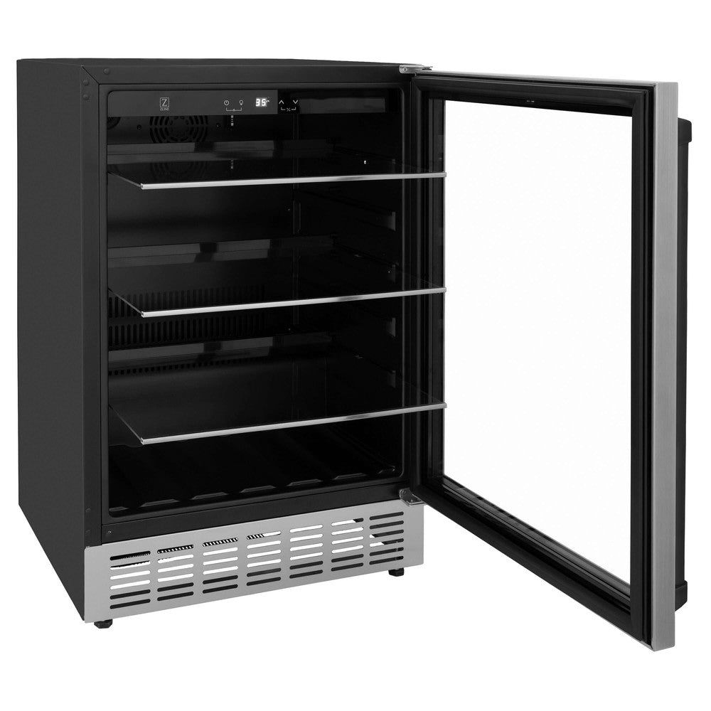 ZLINE Autograph Edition 24 in. Monument 154 Can Beverage Fridge in Stainless Steel with Matte Black Accents (RBVZ-US-24-MB) side, open with shelves extended.