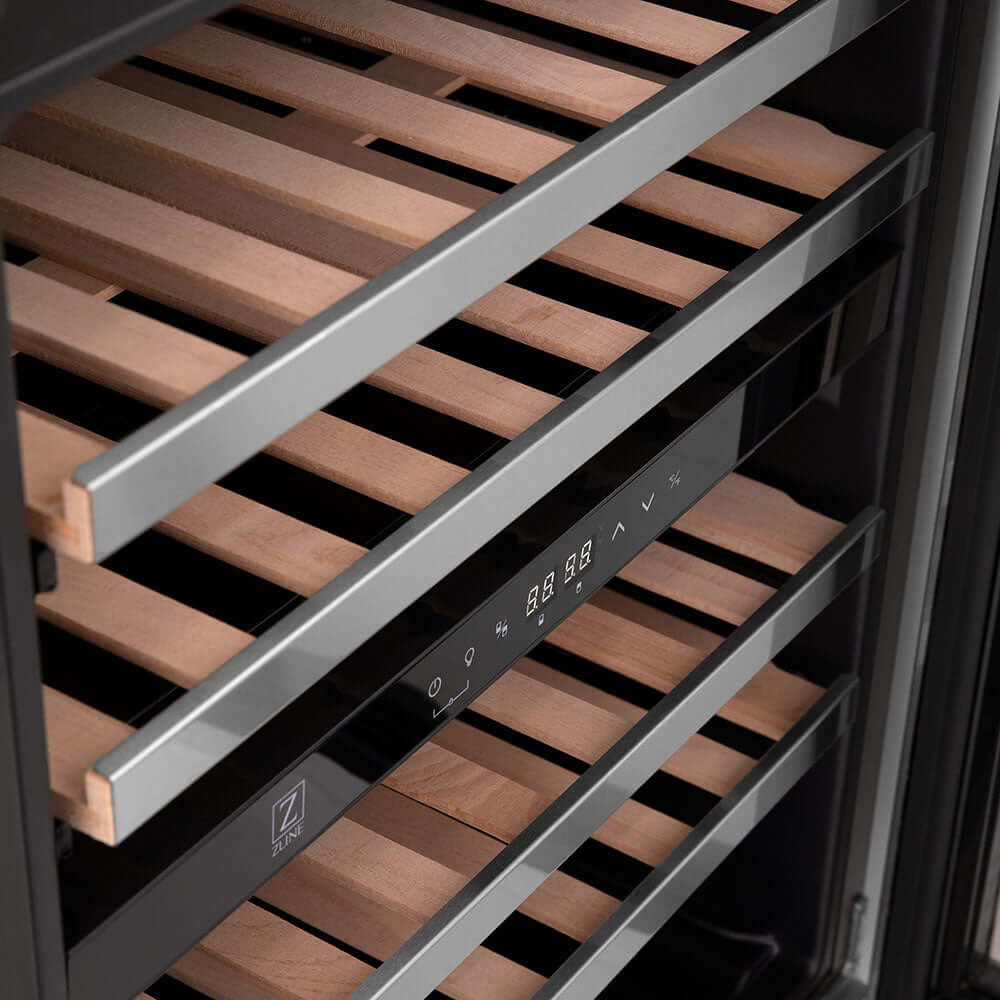 ZLINE Autograph Edition 24 in. Monument Dual Zone 44-Bottle Wine Cooler in Stainless Steel with Champagne Bronze Accents (RWVZ-UD-24-CB) close-up, wooden racks and control panel.