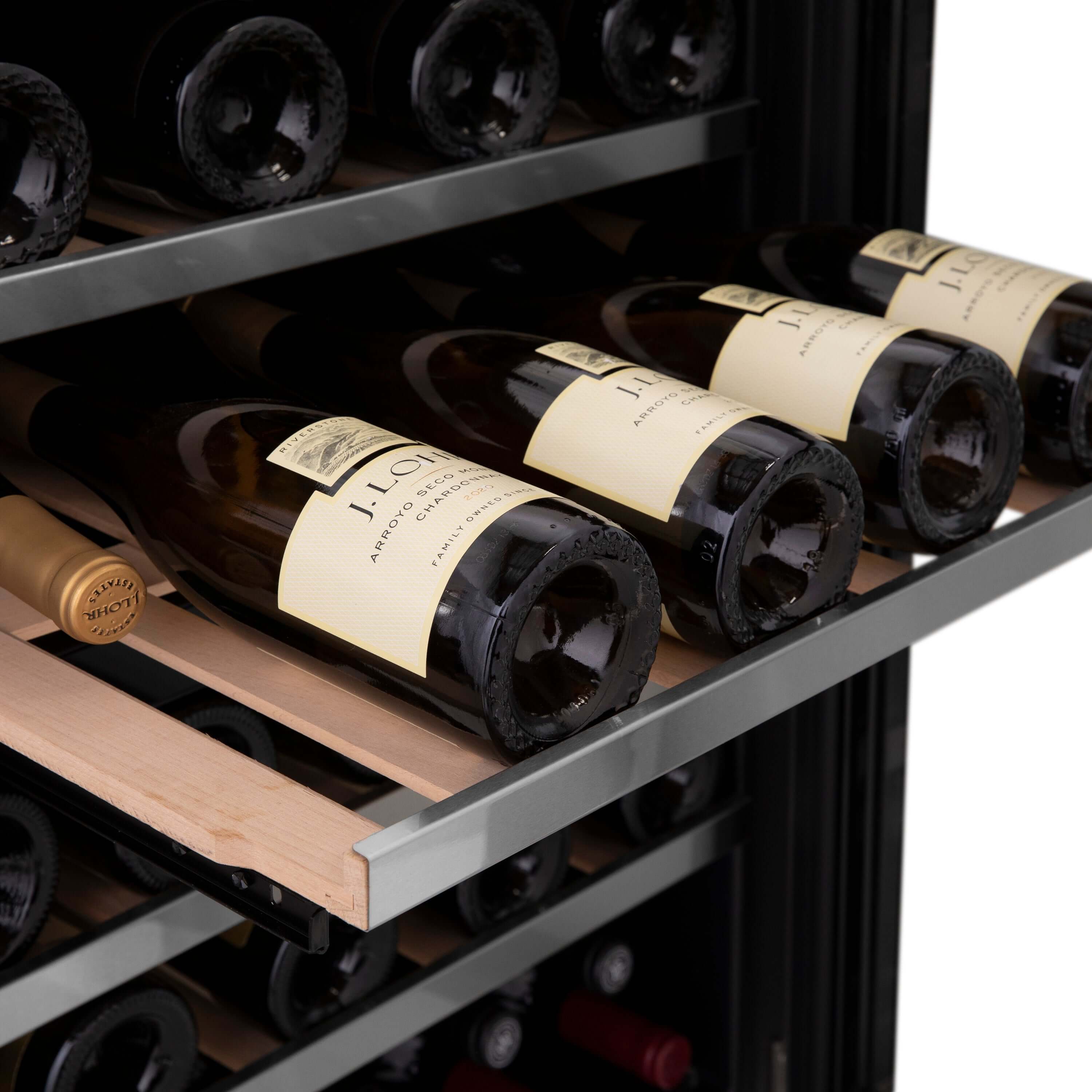 ZLINE Autograph Edition 24 in. Monument Dual Zone 44-Bottle Wine Cooler in Stainless Steel with Champagne Bronze Accents (RWVZ-UD-24-CB) close-up, four bottles of Chardonnay on an extended wood shelf from front.