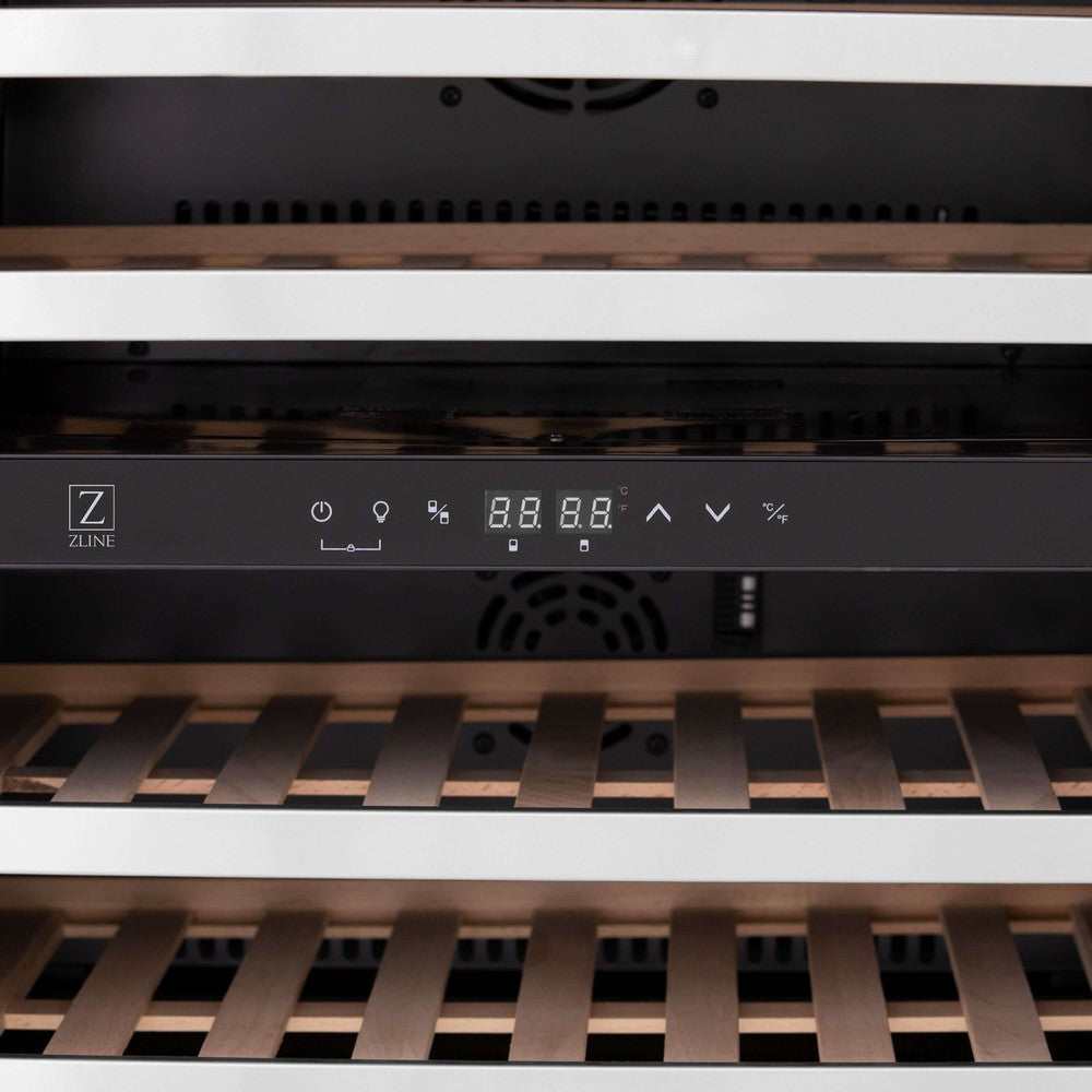 ZLINE Autograph Edition 24 in. Monument Dual Zone 44-Bottle Wine Cooler in Stainless Steel with Matte Black Accents (RWVZ-UD-24-MB) close-up, temperature control and LED display.