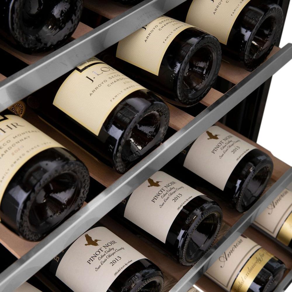 ZLINE Autograph Edition 24 in. Monument Dual Zone 44-Bottle Wine Cooler in Stainless Steel with Matte Black Accents (RWVZ-UD-24-MB) close-up, racks of red and white wine bottles stored on adjustable wood shelves.
