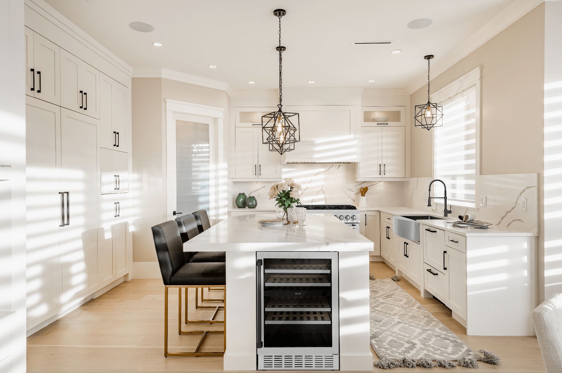 ZLINE 24" Autograph Edition Monument Wine Cooler in a cottage-style kitchen with island.