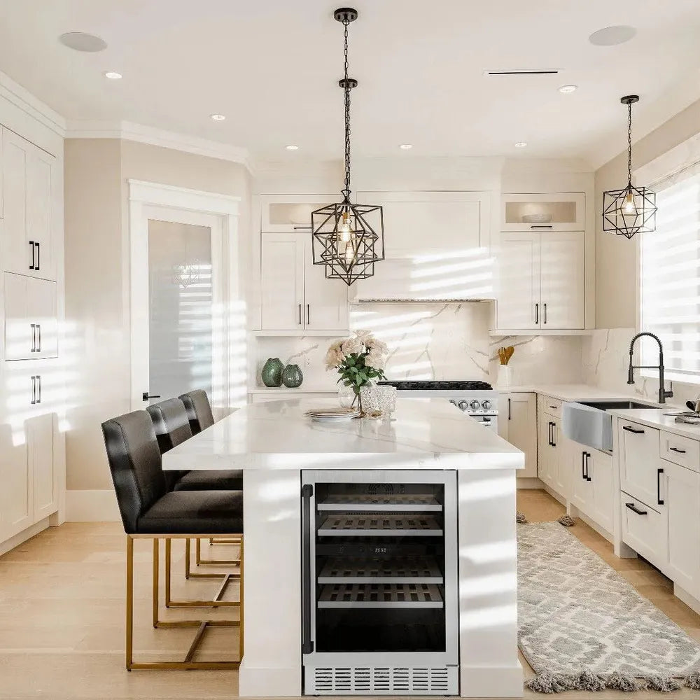 ZLINE Autograph Edition 24 in. Monument Dual Zone 44-Bottle Wine Cooler in Stainless Steel with Matte Black Accents (RWVZ-UD-24-MB) built-in to an island in a cottage-style kitchen.