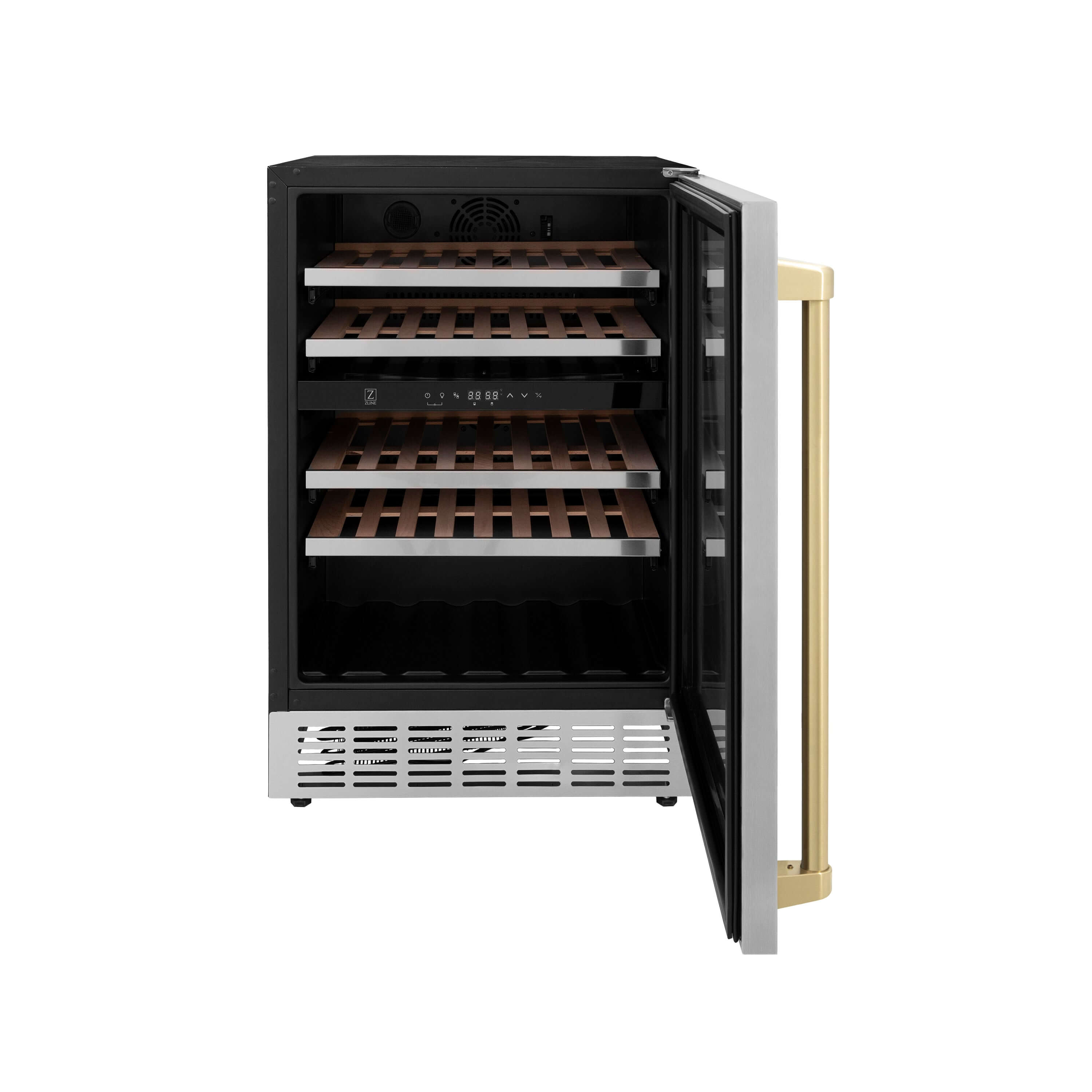 ZLINE Autograph Edition 24 in. Monument Dual Zone 44-Bottle Wine Cooler in Stainless Steel with Champagne Bronze Accents (RWVZ-UD-24-CB) front, door open.