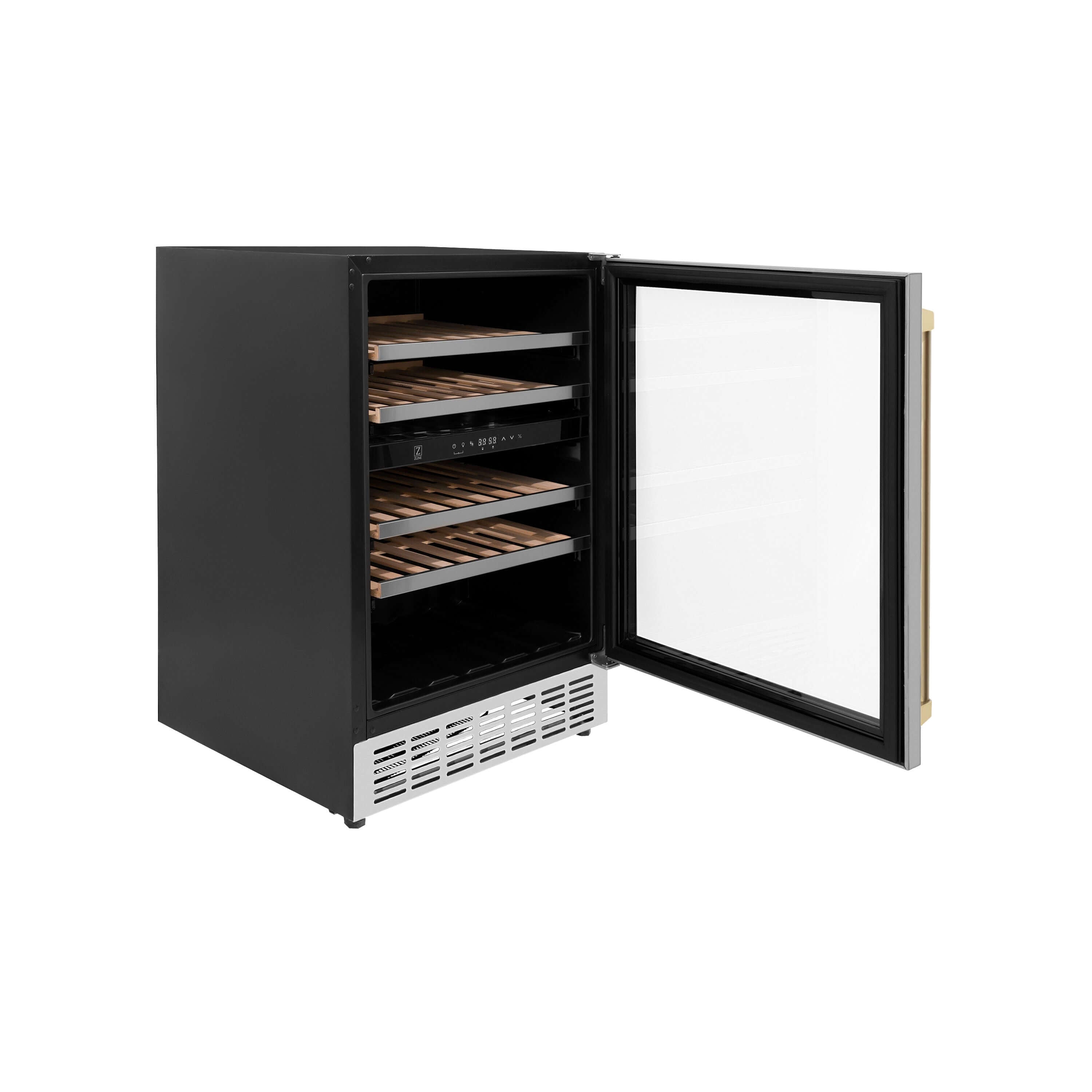 ZLINE Autograph Edition 24 in. Monument Dual Zone 44-Bottle Wine Cooler in Stainless Steel with Champagne Bronze Accents (RWVZ-UD-24-CB) side, door open.