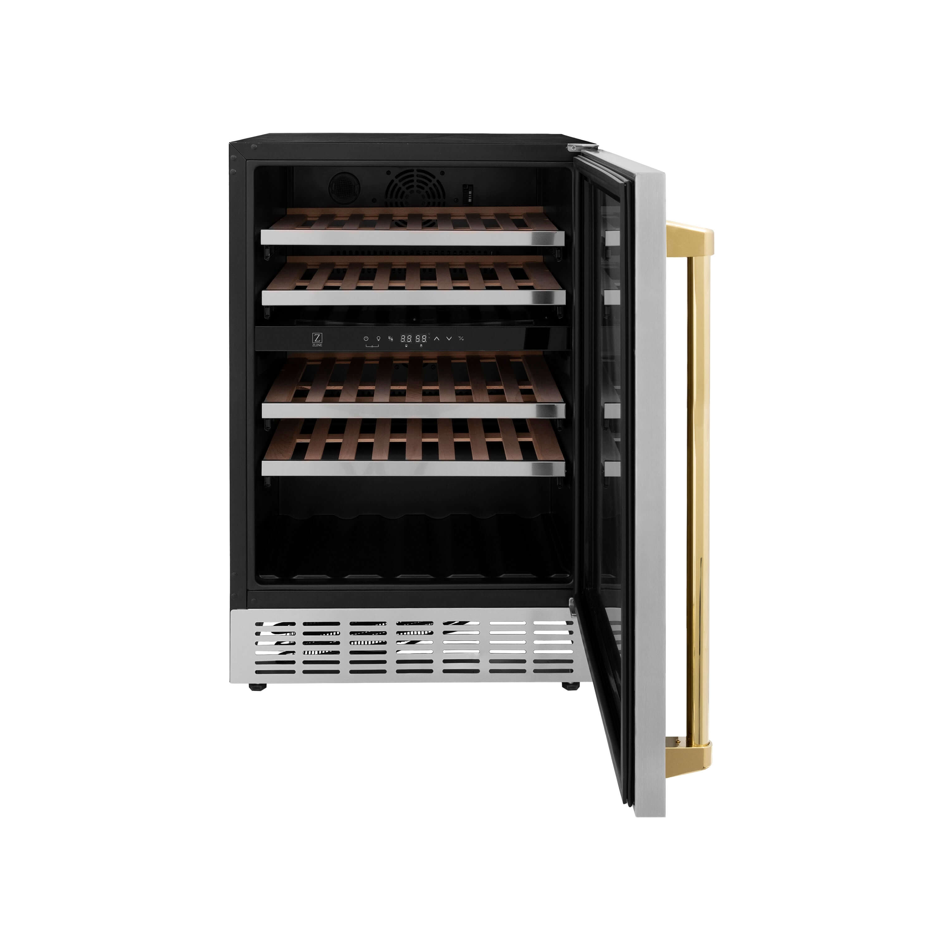 ZLINE Autograph Edition 24 in. Monument Dual Zone 44-Bottle Wine Cooler in Stainless Steel with Polished Gold Accents (RWVZ-UD-24-G) front, door open.