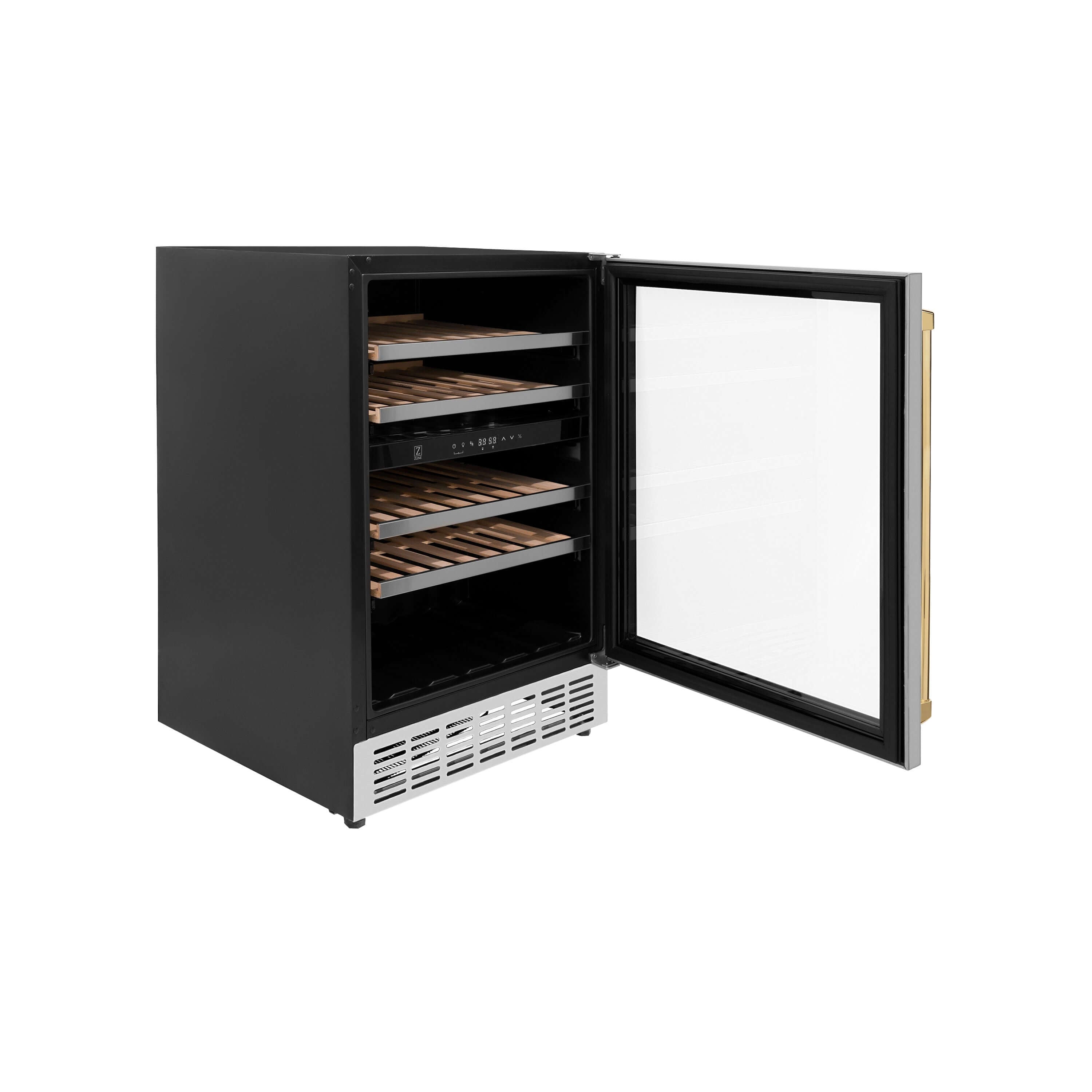 ZLINE Autograph Edition 24 in. Monument Dual Zone 44-Bottle Wine Cooler in Stainless Steel with Polished Gold Accents (RWVZ-UD-24-G) side, door open.