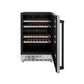 ZLINE Autograph Edition 24 in. Monument Dual Zone 44-Bottle Wine Cooler in Stainless Steel with Matte Black Accents (RWVZ-UD-24-MB) front, door open.