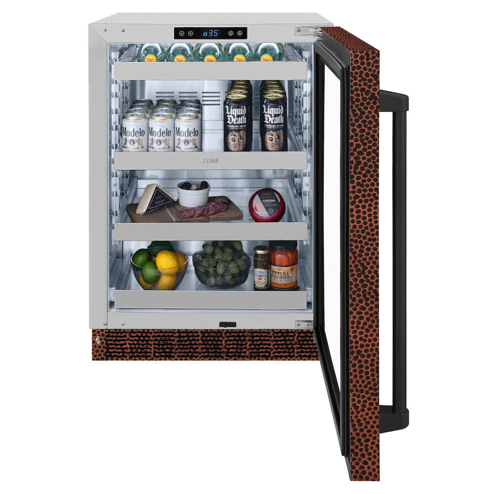 ZLINE 24 in. Touchstone 151 Can Beverage Fridge With Hand Hammered Copper Glass Door (RBSO-HH-24) front, open, displaying various food and drink items.
