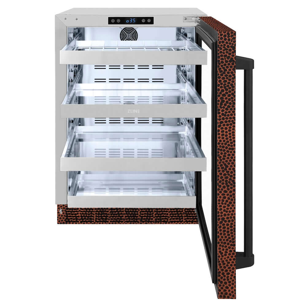 ZLINE 24 in. Touchstone 151 Can Beverage Fridge With Hand Hammered Copper Glass Door (RBSO-HH-24) front, open.