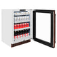 ZLINE 24 in. Touchstone 151 Can Beverage Fridge With Hand Hammered Copper Glass Door (RBSO-HH-24) open, displaying various canned and bottled drink items.