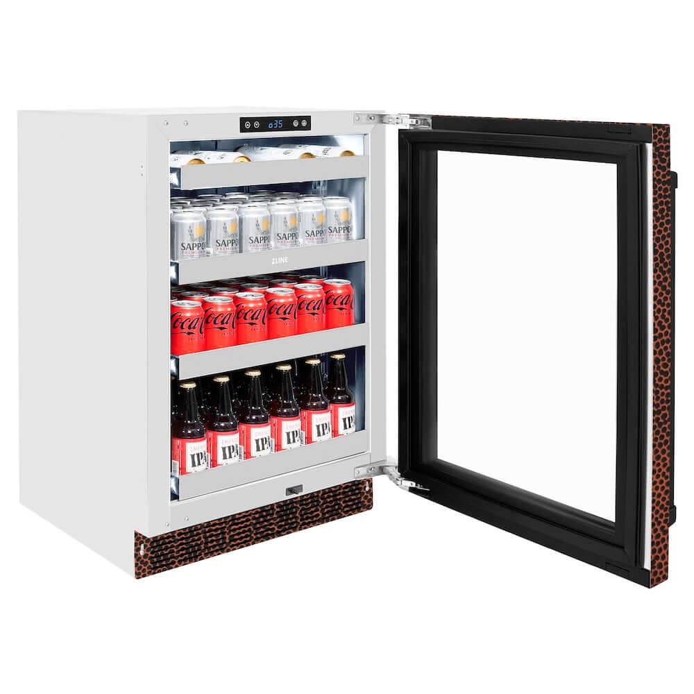 ZLINE 24 in. Touchstone 151 Can Beverage Fridge With Hand Hammered Copper Glass Door (RBSO-HH-24) open, displaying various canned and bottled drink items.
