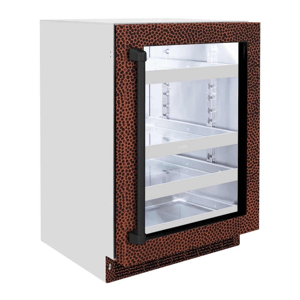 ZLINE 24 in. Touchstone 151 Can Beverage Fridge With Hand Hammered Copper Glass Door (RBSO-HH-24) side.