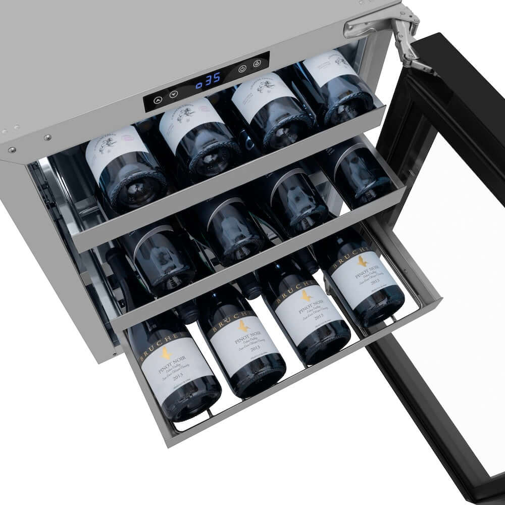 ZLINE 24 in. Touchstone Dual Zone 44 Bottle Wine Cooler With Black Matte Glass Door (RWDO-BLM-24) detail close-up, wine bottles on adjustable shelves.