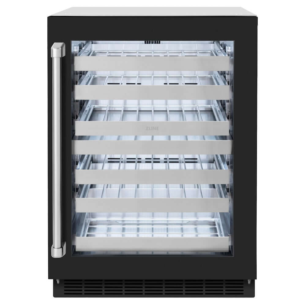 ZLINE 24 in. Touchstone Dual Zone 44 Bottle Wine Cooler With Black Matte Glass Door (RWDO-BLM-24) front, closed.