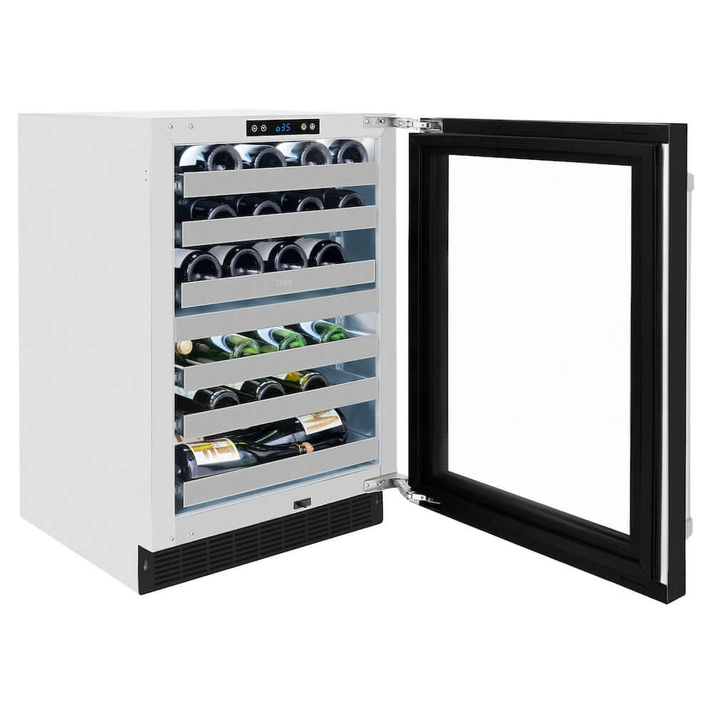 ZLINE 24 in. Touchstone Dual Zone 44 Bottle Wine Cooler With Black Matte Glass Door (RWDO-BLM-24) side, open, with beverages inside.