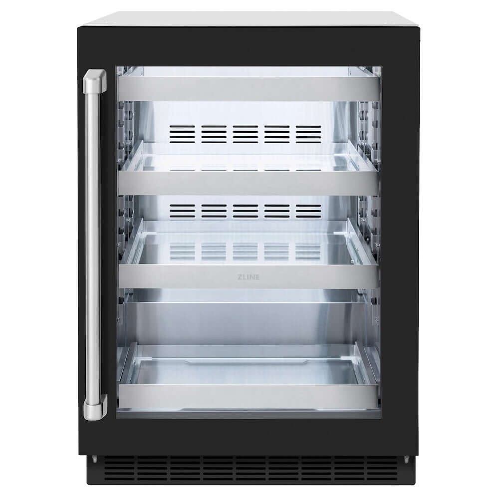 ZLINE 24 in. Touchstone 151 Can Beverage Fridge With Black Matte Glass Door (RBSO-BLM-24) front, closed.