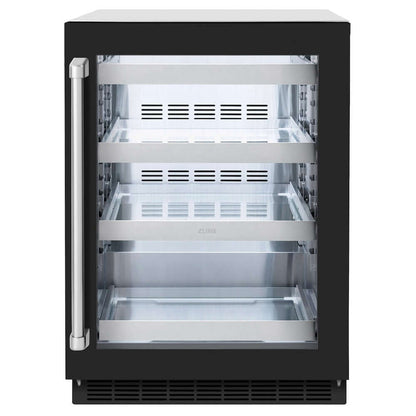 ZLINE 24 in. Touchstone 151 Can Beverage Fridge With Black Matte Glass Door (RBSO-BLM-24) front, closed.